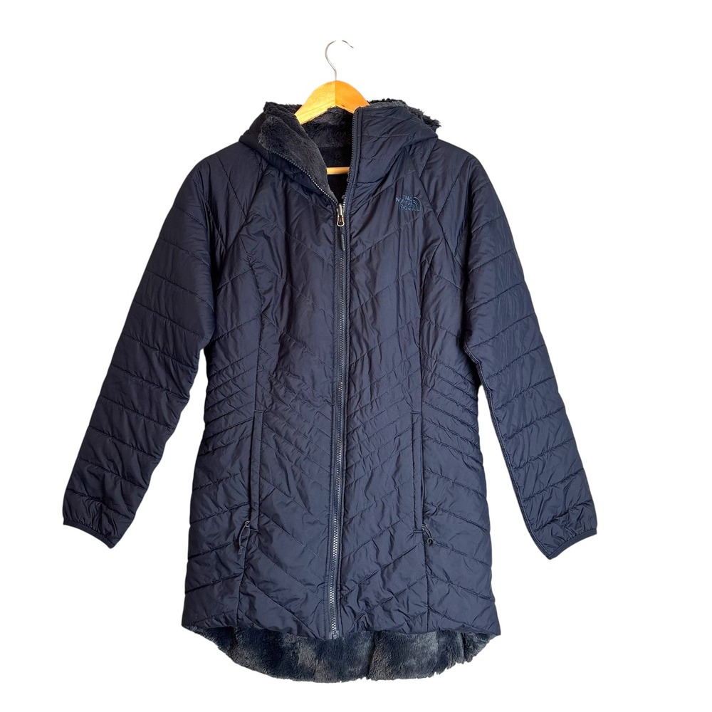 The North Face Reversible Quilted Long Coat Jacket Hooded Faux Fur Trim Medium